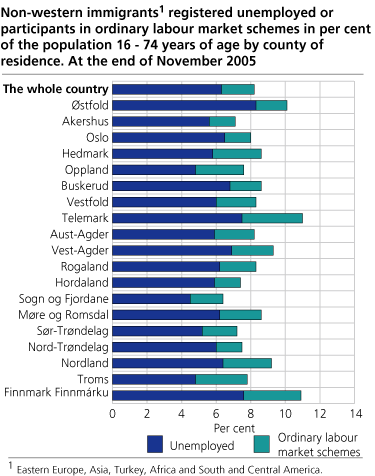Non-western immigrants1 registered unemployed or participants in ordinary labour market schemes in per cent of the population 16 - 74 years of age by county of residence. At the end of November 2005