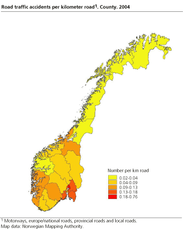 Road traffic accidents per kilometre road, county. 2004
