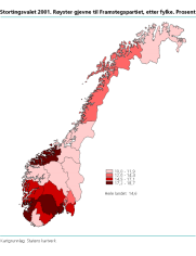  Stortingsvalet 2001. Ryster gjevne til Framstegspartiet, etter fylke. Prosent 