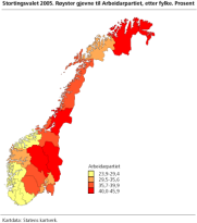Stortingsvalet 2005. Ryster gjevne til Arbeidarpartiet, etter fylke. Prosent