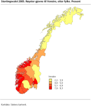 Stortingsvalet 2005. Ryster gjevne til Venstre, etter fylke. Prosent