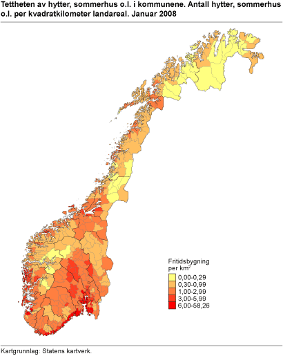 Tettheten av hytter, sommerhus o.l. i kommunene. Antall hytter, sommerhus o.l. per kvadratmeter landareal. Januar 2008