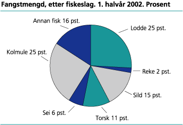 Fangstmengd, etter fiskeslag. 1. halvår 2002*. Prosent 