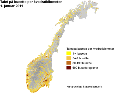 Talet på busette per kvadratkilometer. 1. januar 2011