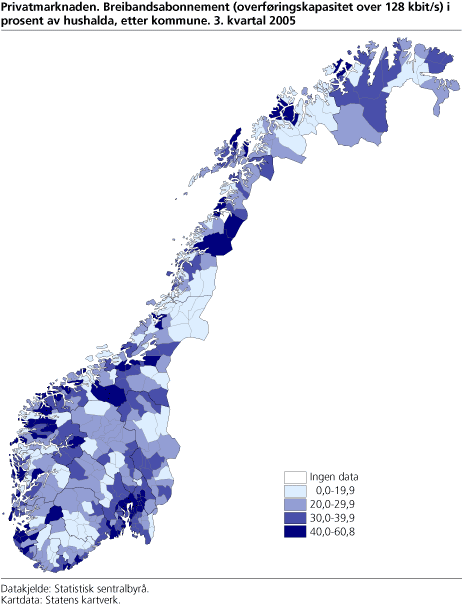Privatmarknaden. Breibandsabonnement (overføringskapasitet over 128 kbit/s) i prosent av hushalda, etter kommune. 3. kvartal 2005