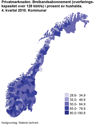 Privatmarknaden. Breibandsabonnement (overføringskapasitet over 128 kbit/s) i prosent av hushalda. 4. kvartal 2010. Kommunar