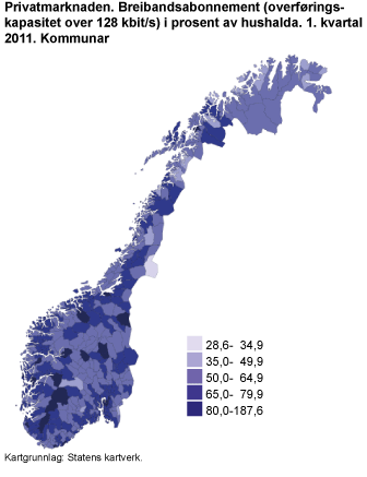 Privatmarknaden. Breibandsabonnement (overføringskapasitet over 128 kbit/s) i prosent av hushalda. 1. kvartal 2011. Kommunar