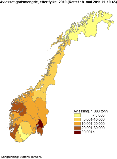 Avlesset godsmengde, etter fylke. 2010