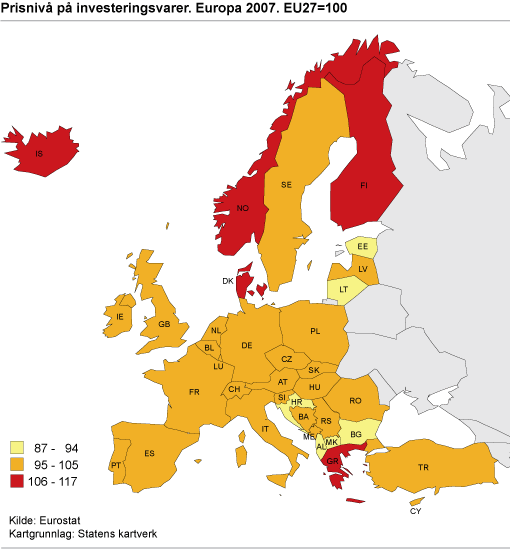 Prisnivå på investeringsvarer. Europa 2007. EU27=100