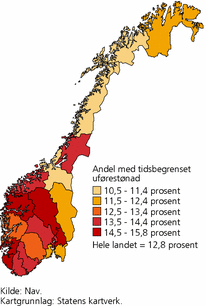 Figur 8. Mottakere av tidsbegrenset uførestønad som andel av alle mottakere av uføreytelser, etter fylke og for hele landet. 2008. Prosent