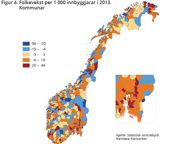 Figur 4. Folkevekst per 1 000 innbyggjarar i 2013. Kommunar Figur 4. Folkevekst per 1 000 innbyggjarar i 2013. Kommunar
