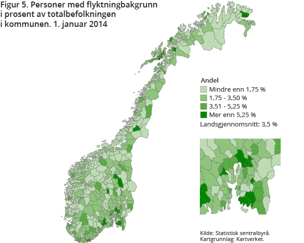 Figur 5. Personer med flyktningbakgrunn i prosent av totalbefolkningen i kommunen. 1. januar 2014 Figur 5. Personer med flyktningbakgrunn i prosent av totalbefolkningen i kommunen. 1. januar 2014