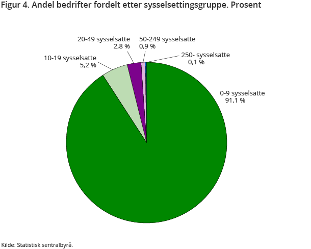 Figur 4. Andel bedrifter fordelt etter sysselsettingsgruppe. Prosent Figur 4. Andel bedrifter fordelt etter sysselsettingsgruppe. Prosent