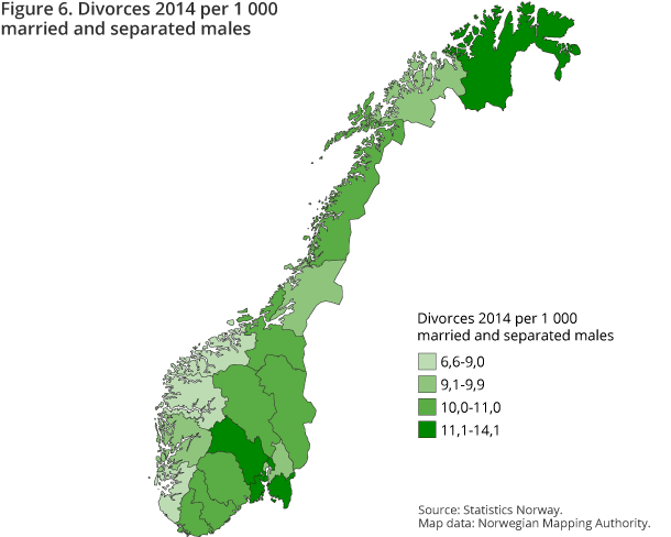 Figure 6. Divorces 2014 per 1 000 married and separated males Figure 6. Divorces 2014 per 1 000 married and separated males