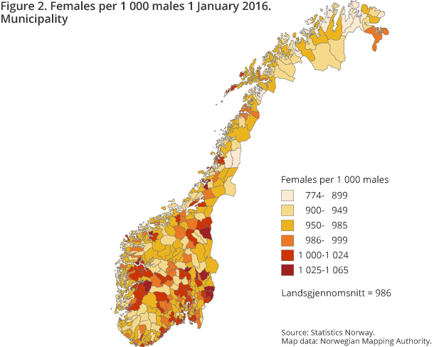 Figure 2. Females per 1 000 males 1 January 2016. Municipality Figure 2. Females per 1 000 males 1 January 2016. Municipality
