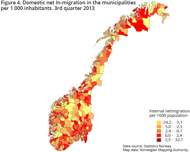 Figure 4. Domestic net In-migration in the municipalitiesper 1 000 inhabitants. 3rd quarter 2013 Figure 4. Domestic net In-migration in the municipalitiesper 1 000 inhabitants. 3rd quarter 2013