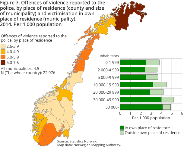 Figure 7. Offences of violence reported to the police, by place of residence (county and size of municipality) and victimisation in own place of residence (municipality). 2014. Per 1 000 population Figure 7. Offences of violence reported to the police, by place of residence (county and size of municipality) and victimisation in own place of residence (municipality). 2014. Per 1 000 population
