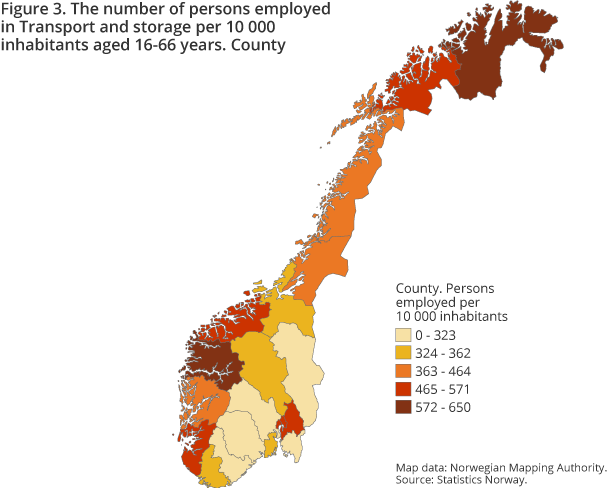Figure 3. The number of persons employed in Transport and storage per 10 000 inhabitants aged 16-66 years. County Figure 3. The number of persons employed in Transport and storage per 10 000 inhabitants aged 16-66 years. County