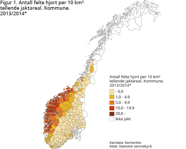 Figur 1. Antall felte hjort per 10 km² tellende jaktareal. Kommune. 2013/2014* Figur 1. Antall felte hjort per 10 km² tellende jaktareal. Kommune. 2013/2014*