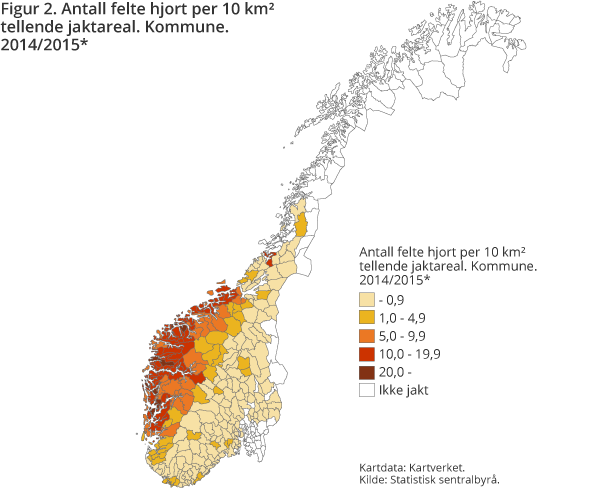 Figur 2. Antall felte hjort per 10 km² tellende jaktareal. Kommune. 2014/2015* Figur 2. Antall felte hjort per 10 km² tellende jaktareal. Kommune. 2014/2015*