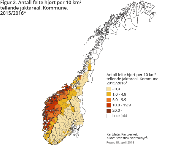 Figur 2. Antall felte hjort per 10 km2 tellende jaktareal. Kommune. 2015/2016* Figur 2. Antall felte hjort per 10 km2 tellende jaktareal. Kommune. 2015/2016*