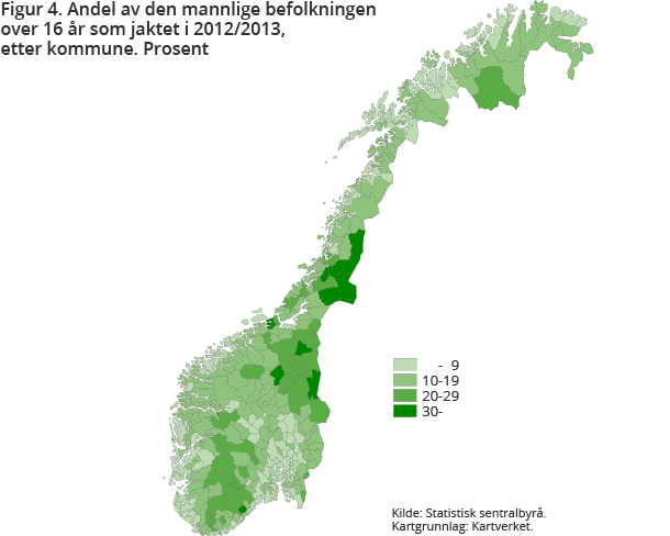 Figur 4. Andel av den mannlige befolkningen over 16 år som jaktet i 2012/2013, etter kommune. Prosent Figur 4. Andel av den mannlige befolkningen over 16 år som jaktet i 2012/2013, etter kommune. Prosent