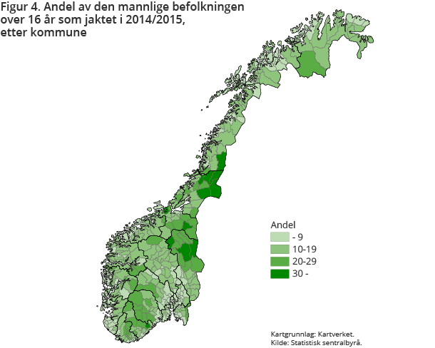 Figur 4. Andel av den mannlige befolkningen over 16 år som jaktet i 2014/2015, etter kommune Figur 4. Andel av den mannlige befolkningen over 16 år som jaktet i 2014/2015, etter kommune