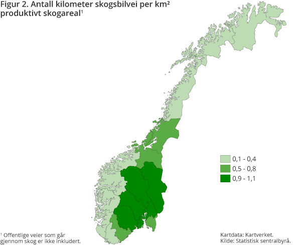 Figur 2. Antall kilometer skogsbilvei pr km² produktivt skogareal Figur 2. Antall kilometer skogsbilvei pr km² produktivt skogareal