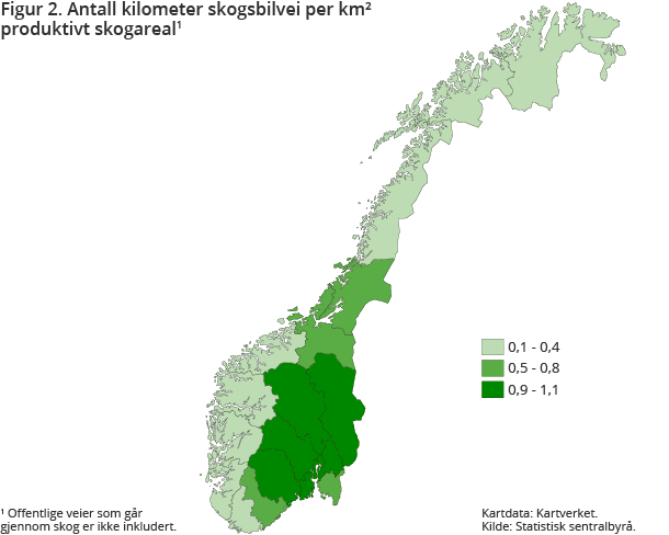 Figur 2. Antall kilometer skogsbilvei pr km² produktivt skogareal Figur 2. Antall kilometer skogsbilvei pr km² produktivt skogareal