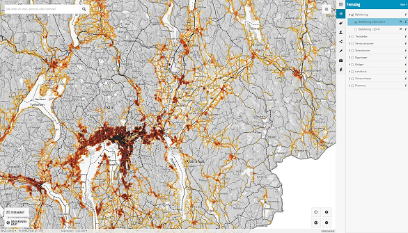 Statistikk på ruter ned til 250m x 250m er nytt i den oppgraderte kartløsningen. Her vises befolkningstettheten i Oslo-området og østover mot Kongsvinger. 