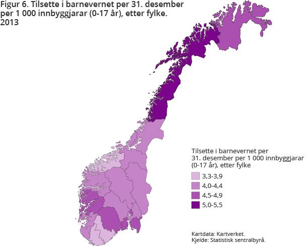Figur 6. Tilsette i barnevernet per 31. desember per 1 000 innbyggjarar (0-17 år) etter fylke. 2013 Figur 6. Tilsette i barnevernet per 31. desember per 1 000 innbyggjarar (0-17 år) etter fylke. 2013