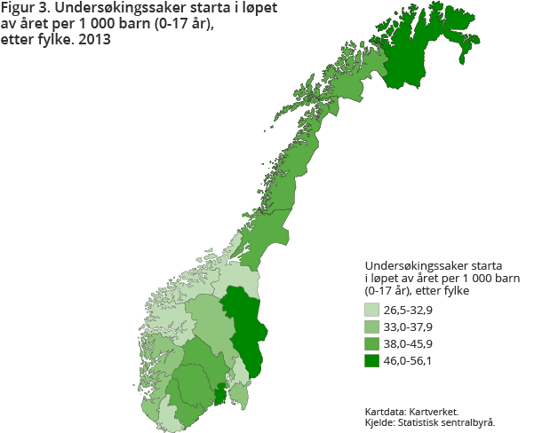 Figur 3. Undersøkingssaker starta i løpet av året per 1 000 barn (0-17 år) etter fylke. 2013 Figur 3. Undersøkingssaker starta i løpet av året per 1 000 barn (0-17 år) etter fylke. 2013
