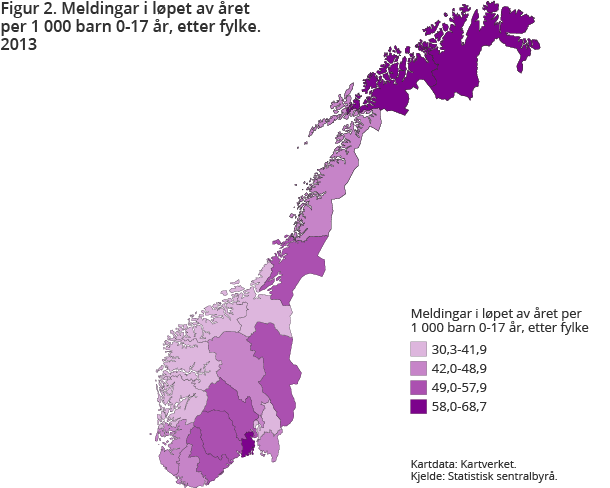 Figur 2. Meldingar i løpet av året per 1 000 barn 0-17 år etter fylke. 2013 Figur 2. Meldingar i løpet av året per 1 000 barn 0-17 år etter fylke. 2013