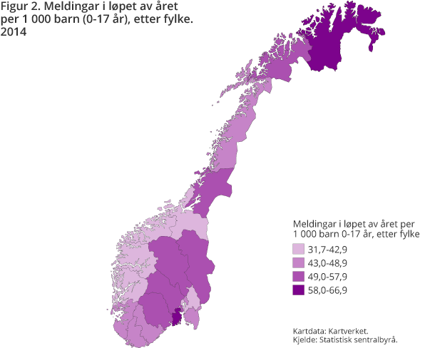 Figur 2. Meldingar i løpet av året per 1 000 barn (0-17 år) etter fylke. 2014 Figur 2. Meldingar i løpet av året per 1 000 barn (0-17 år) etter fylke. 2014