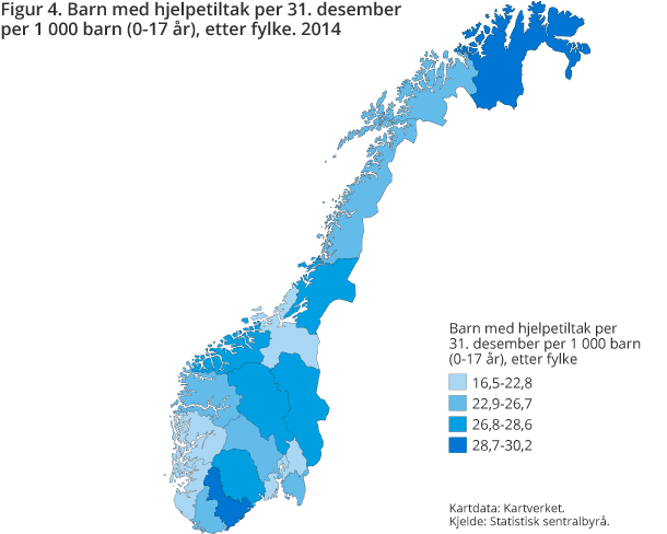 Figur 4. Barn med hjelpetiltak per 31. desember per 1 000 barn (0-17 år) etter fylke. 2014 Figur 4. Barn med hjelpetiltak per 31. desember per 1 000 barn (0-17 år) etter fylke. 2014