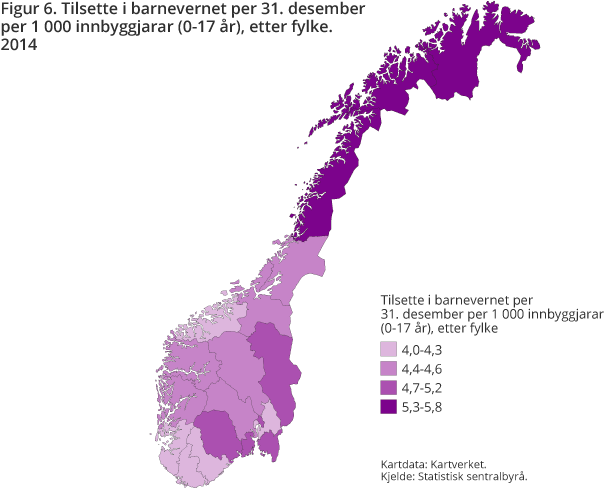 Figur 6. Tilsette i barnevernet per 31. desember per 1 000 innbyggjarar (0-17 år) etter fylke. 2014 Figur 6. Tilsette i barnevernet per 31. desember per 1 000 innbyggjarar (0-17 år) etter fylke. 2014