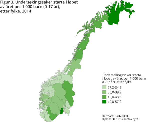 Figur 3. Undersøkingssaker starta i løpet av året per 1 000 barn (0-17 år) etter fylke. 2014 Figur 3. Undersøkingssaker starta i løpet av året per 1 000 barn (0-17 år) etter fylke. 2014