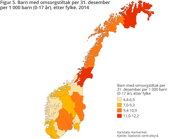 Figur 5. Barn med omsorgstiltak per 31. desember per 1 000 barn (0-17 år) etter fylke. 2014 Figur 5. Barn med omsorgstiltak per 31. desember per 1 000 barn (0-17 år) etter fylke. 2014