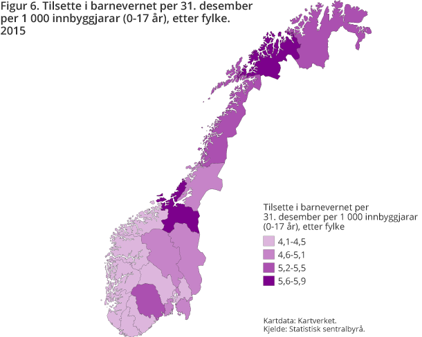 Figur 6. Tilsette i barnevernet per 31. desember per 1 000 innbyggjarar (0-17 år) etter fylke. 2015 Figur 6. Tilsette i barnevernet per 31. desember per 1 000 innbyggjarar (0-17 år) etter fylke. 2015