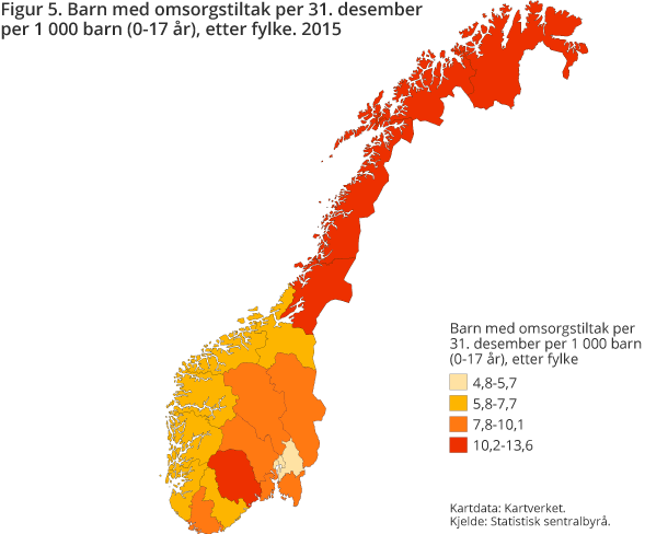 Figur 5. Barn med omsorgstiltak per 31. desember per 1 000 barn (0-17 år) etter fylke. 2015 Figur 5. Barn med omsorgstiltak per 31. desember per 1 000 barn (0-17 år) etter fylke. 2015