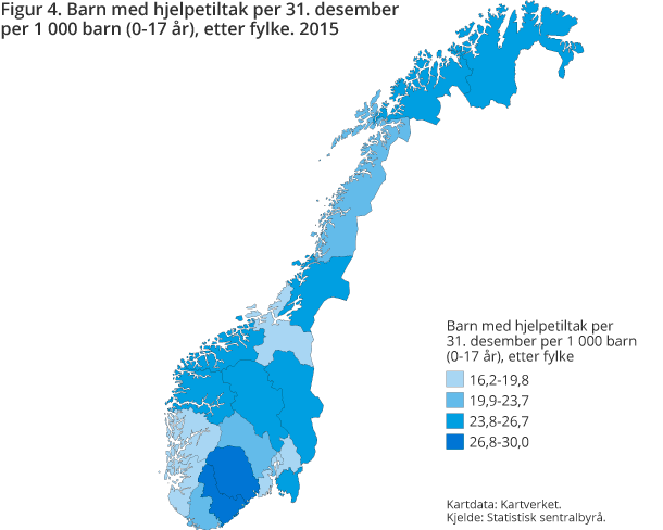 Figur 4. Barn med hjelpetiltak per 31. desember per 1 000 barn (0-17 år) etter fylke. 2015 Figur 4. Barn med hjelpetiltak per 31. desember per 1 000 barn (0-17 år) etter fylke. 2015