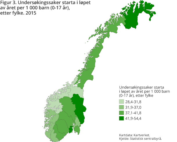 Figur 3. Undersøkingssaker starta i løpet av året per 1 000 barn (0-17 år) etter fylke. 2015 Figur 3. Undersøkingssaker starta i løpet av året per 1 000 barn (0-17 år) etter fylke. 2015
