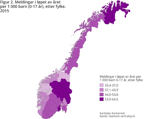 Figur 2. Meldingar i løpet av året per 1 000 barn (0-17 år) etter fylke. 2015 Figur 2. Meldingar i løpet av året per 1 000 barn (0-17 år) etter fylke. 2015