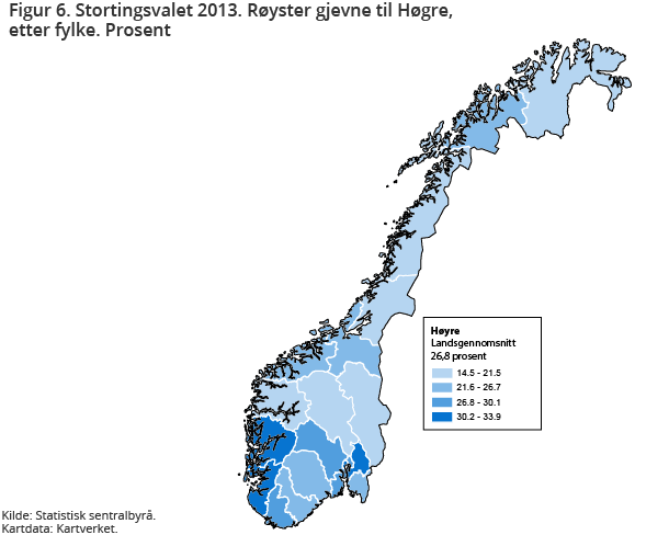 Figur 6. Stortingsvalet 2013. Røyster gjevne til Høgre, etter fylke. Prosent Figur 6. Stortingsvalet 2013. Røyster gjevne til Høgre, etter fylke. Prosent